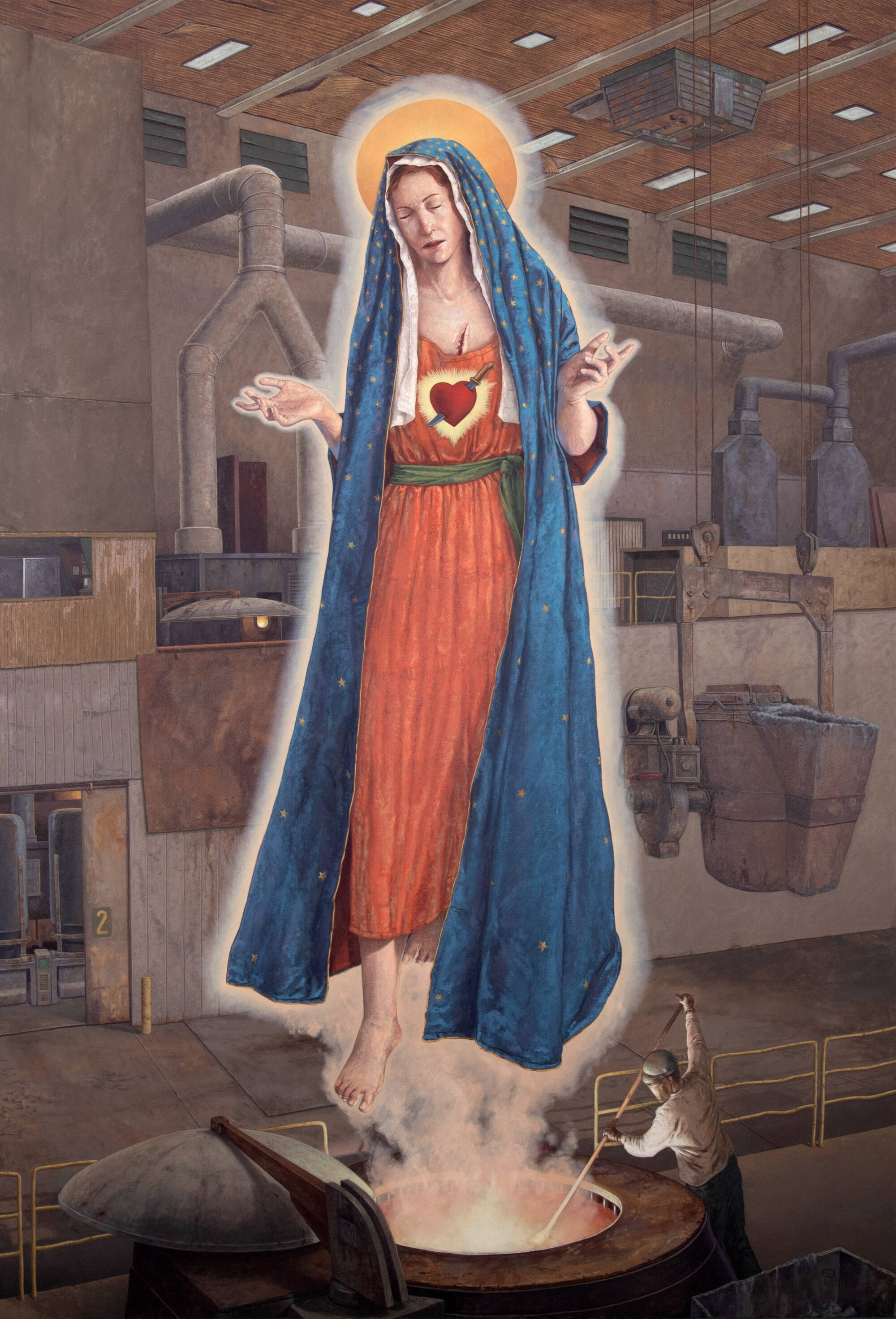 Painting of a woman with a halo, holding her hands out, against an industrial background.